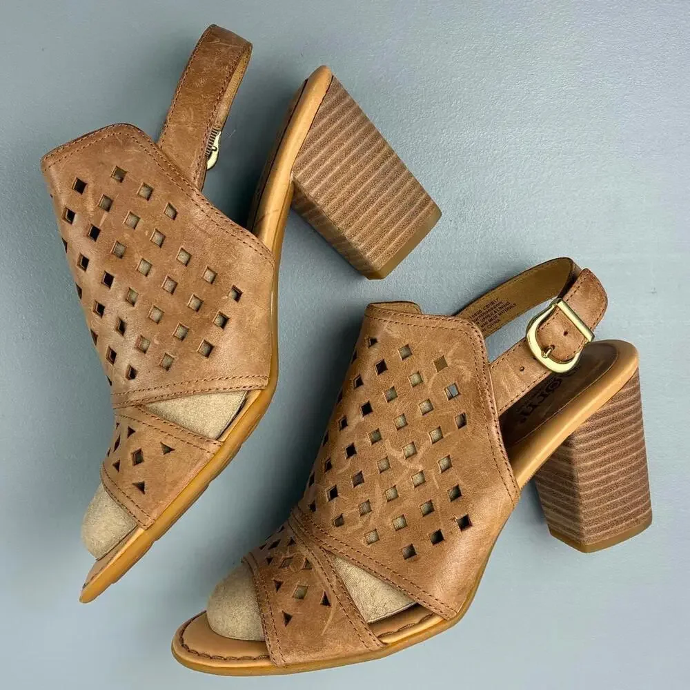 Born Women's Brown Leather Open-Toe Block Heel Sandals